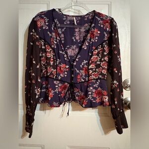 FREE PEOPLE Navy Floral Long Sleeve Peplum Front Button Blouse M